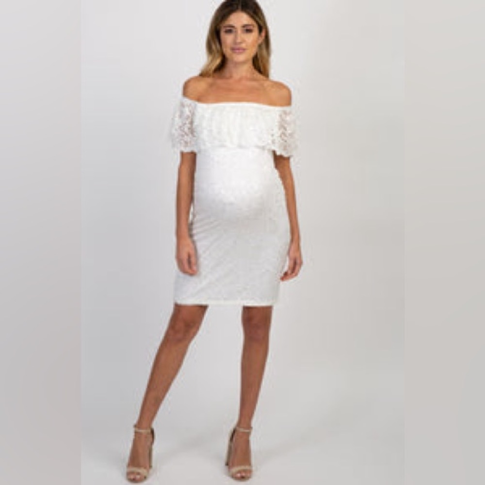 NWOT PinkBlush White Lace Off Shoulder Fitted Maternity Dress / Size L